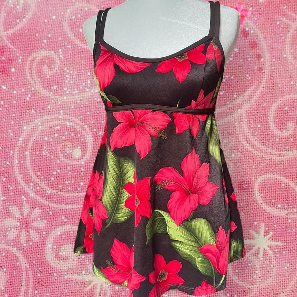 90s Brown and Red Tropical Print Swim Mini Dress